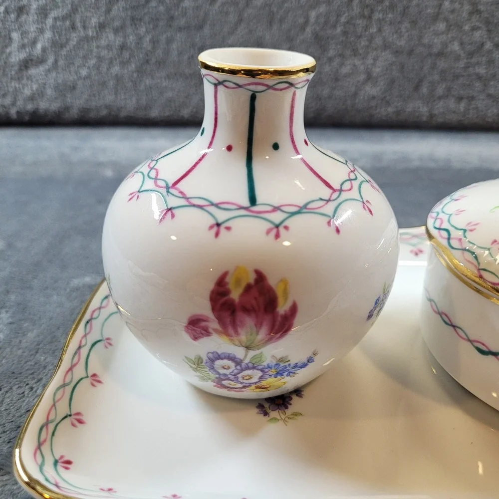 KPM Porcelain Vanity Set 4pc Floral Bud Vases Lidded Trinket Box and Tray